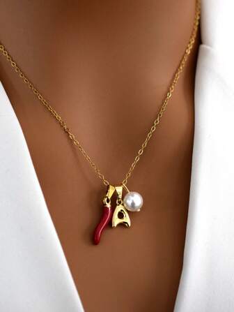 MECYLIFE 1pc Mini Chili Decor Letter Bubble & Pearl Necklace, Suitable For Women