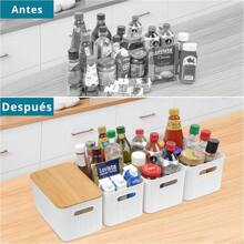 Caja Almacenaje Grande con Tapa de Bambú (Pack de 4) - Cestas Almacenaje de Plástico - Caja Organizadora Decorativa para Escritorio y Oficina - Cajas Apilables de Alta Carga con Tapa - Blanco - Ver 5