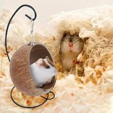 Cama de coco para hámster, refugio de hámster natural de coco, hamaca de suspensión, cama de cáscara de coco para hámster con almohadilla térmica para pequeños animales. (Nota: Las cáscaras de coco son productos naturales y los arañazos en el interior son normales.)