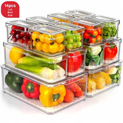 THELIFE 14/7 Pcs Stackable Refrigerator Storage Containers Set, Multi-Size Fridge Storage Boxes With Lid And Drainage Board For Fruits, Vegetables, Snacks, Suitable For Refrigerator, Cabinets & Drawers, Great Gift