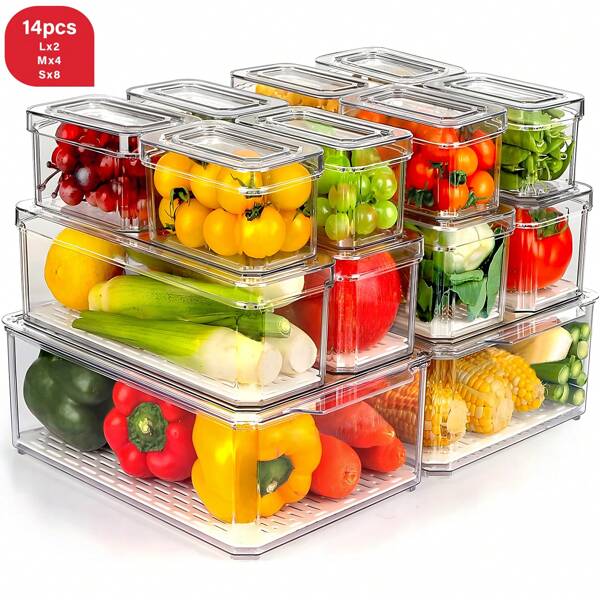 THELIFE 14/7 Stücke stapelbare Aufbewahrungsbehälter-Set für den Kühlschrank, mehrstufige Kühlschrankaufbewahrungsboxen mit Deckel und Abtropfplatte für Obst, Gemüse, Snacks, geeignet für Kühlschrank, Schränke & Schubladen, tolles Geschenk