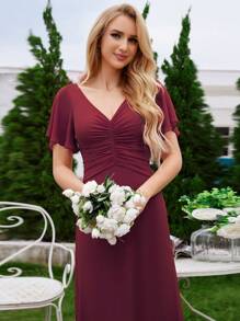 EVERPRETTY Elegant Short Sleeve Solid V-Neck Ruched Draped Burgundy Bridesmaid Dresses - Burgundy - View 5