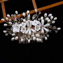 1pc Vrouwen Hoofddeksel Witte Bloem Kristal Kunst Parel Haar Kam, Europese En Amerikaanse Stijl Bruiloft Accessoires, Handgemaakte Bruidshaar Clip Voor Kapsels, Bruidsjurk En Jurk
