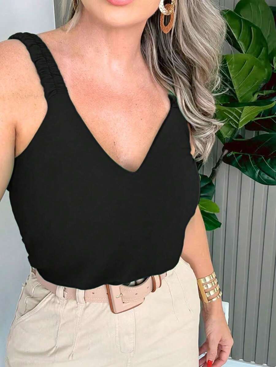 Women's Tank Top With Draped Straps Duna Fabric Beautiful Fashion!! - BLACK - View 1