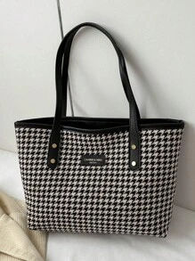 Tartan Large Capacity Laptop Tote Bag, Simple Casual Shoulder Bag Women's Versatile Fashion Portable Handbag & Purse For Commuting & Going Out, Vintage Style Bucket Bags Stylish Hobo Mommy Bag Top-Handle Satchel For Daily Use - Black - View 10