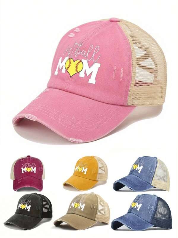 1pc Printed "Softball Mom" Distressed Criss-Cross Ponytail Mesh Cap, Adjustable Outdoor Sun Protection Casual Hat, Suitable For Spring/Autumn Travel, Beach, For Men & Women, Y2K Style