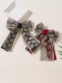 2 件简约双层蝴蝶结和花朵印花发夹，适合女性参加派对和活动，发饰，夏季配饰，旅行 - 彩色 - 查看 2