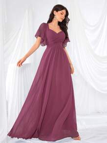 Flounce Sleeve Back Sweetheart Neck Solid Color Tulle Dress, Bridesmaid Dress, Bride Dress, Birthday Women Outfits, Graduation Dress, Formal Dress - Red Violet - View 4