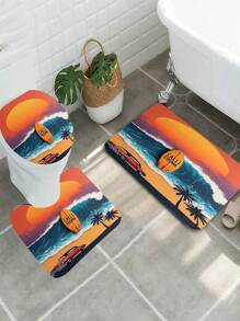 1 conjunto, patrón de ola, paisaje de puesta de sol, coche, tabla de surf, juego de 3 piezas de alfombra de baño de elementos diarios, alfombra de baño absorbente y lavable, alfombra de baño antideslizante, tapa de inodoro, alfombra de baño gruesa y suave, ducha, cocina, lavandería, baño, sala de estar, dormitorio, alfombra de interior, accesorio de decoración del hogar