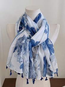 1pc Women's Fashion Ditsy Floral Tasseled Elegant Scarf, Versatile For Beach, Shawl, Headwrap, Suitable For Vacation, Party, Dating, Travel - Blue - View 4