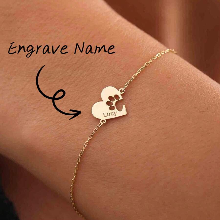 Custom Engrave Names Dog Paw Bracelet Gift For Cat Gift For Dog Christmas Gift Paw Name Bracelet Heart Shaped Paw Bracelet Cat Paw Bracelet - Multicolor - View 1