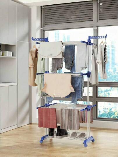 Mobile Drying Rack, Super Large 4-Layer (67.7 Inches High) Foldable Stainless Steel Drying Rack, With 4 Casters, 24 Drying Poles, And 14 Hooks For Organizing, Storing, And Drying Bed Sheets, Clothes, Towels, And Shoes