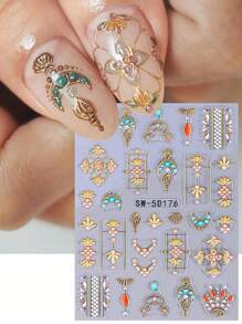 5D Metallic Bohemian Embossed Nail Stickers 2pcs Iridescent Gold Sun Gemstone Graphic Lace Enamel Necklace Moon Design DIY Holographic Engraving Self-Adhesive Gel Polish Decals Sliders Nail Art Decoration Salon Manicure Nail Supplies