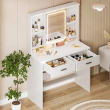 Devoko GUNJI Large Dressing Table With Mirror, White Dressing Table With LED Lighting, 3 Brightness Levels Adjustable, Dressing Table With Drawers, Open Shelves - White - View 3