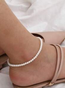 1pc Geometric Fashionable Summer Beaded Anklet - White Pearl - View 1