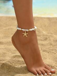 1 pieza Tobillera con colgante de estrella de mar de metal con cuentas de turquesa blanca en estilo de vacaciones, accesorio de joyería de moda para mujer, adecuado para uso diario y de vacaciones