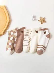 Set de 5 pares de calcetines bajos y casuales para mujer con lindo estampado de oso, de estilo de moda, transpirables y cómodos