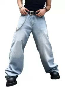 HEHCN Men's Washed Light Blue Wide Leg Casual Loose Jeans, Street-Style Pants, Suitable As Gifts For Husband Or Boyfriend