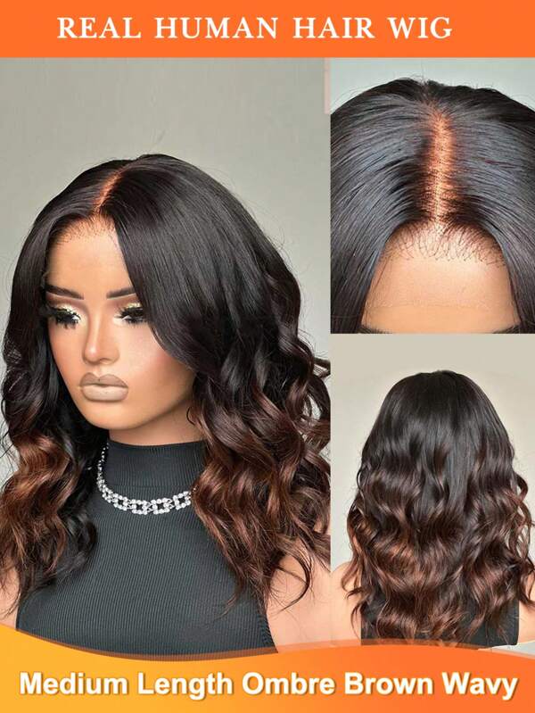 4x4 Lace Closure Medium Lengh Wave Wig For Girls 180% Density Ombre Brown Color Wave Wig With Natural Hairline Human Hair Wig Transparent Lace Looking Natural Pre Plucked Bleached Knots