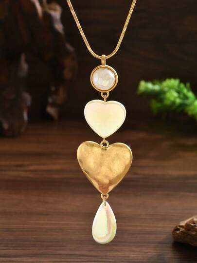 1pc Vintage Metallic Faux Pearl Water Drop Long Necklace, Fashion Women Snake Chain Heart Pendant Necklace, Suitable For Gift, Mother's Day, Party, Daily Wear