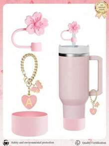 3pcs Accessories Designed For 30-40oz Cups, Pink Letter Cup Marker & Silicone Hibiscus Flower Straw Caps, , Reusable Straw Caps For 10mm Large Diameter Straws, Cute LetterStanley AccessorySelf-Adhesive Chenille Letter,Cup Accessories.Compatible With Stanley Backto School /Beach Essentials