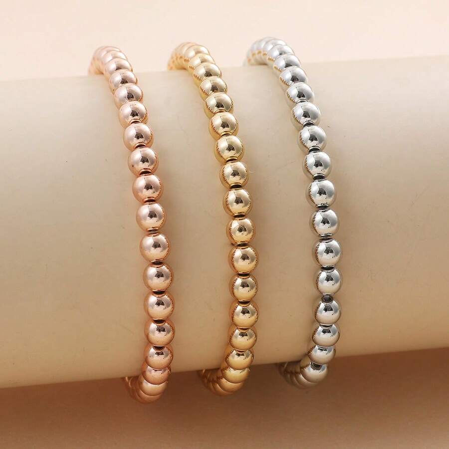 3pcs Gold/Silver/Rose Gold CCB Plastic Beaded Elastic Bracelet Set - Bracelet - View 1