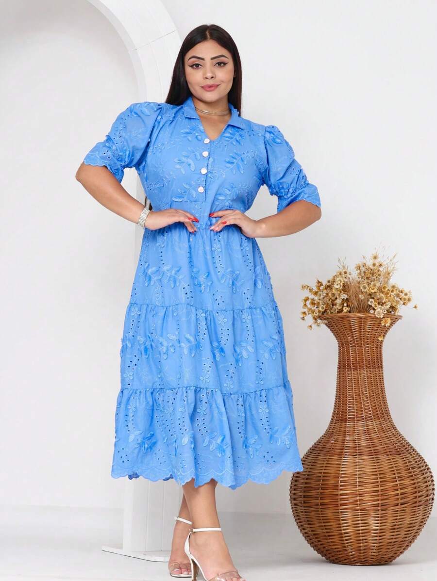 Women's Fashion Midi Dress In 3D Laise Fabric With Elastex On The Back And Button On The Front And Lining - 藍色 - 查看 1