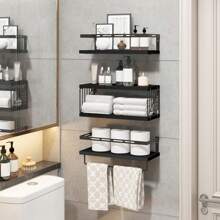 Tomnk 3+1 Tier Wall Mounted Bathroom Shelves Over Toilet, Bathroom Organizer Storage, Room Decor, Floating Shelves, Rustic Wood Floating Shelves With Metal Frame And Towel Bar For Bathroom, Kitchen, Bedroom, Living Room - 彩色 - 查看 4