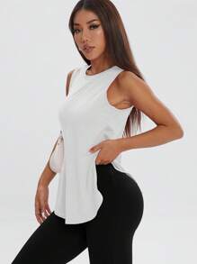 1 pieza Top holgada y casual para entrenamiento de mujer, camiseta de fitness con abertura lateral sólida y cómoda, primavera/verano - Blanco - Ver 5