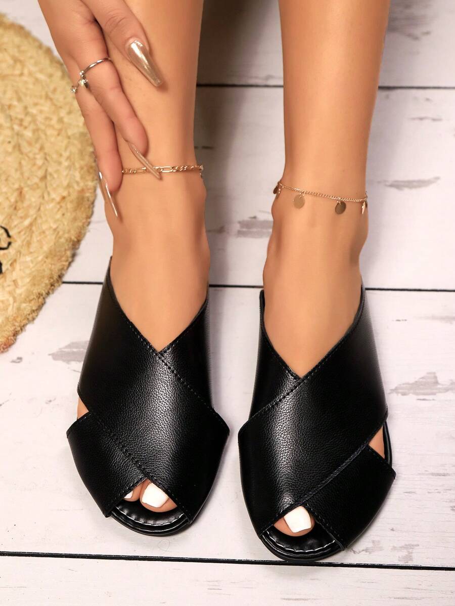 Women's New Criss-Cross Strap Flat Casual Versatile Black Comfortable Slippers, Solid Color Simple Style, Elegant Minimalist Design Suitable For Dates