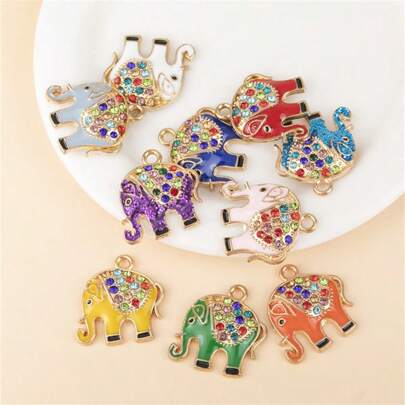 10pcs Fashionable Random Color Crystal Elephant Alloy Enamel Pendant, Bohemian Style Charm Pendant, Suitable For DIY Jewelry Making Earrings Necklace Bracelet Keychain Craft, Perfect For Accessories & Gifts, Vibrant Colors & Intricate Design