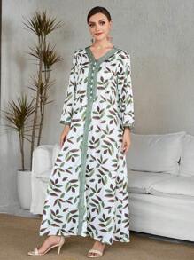 2025 New Arrival Green Print Arabic Style Dress For Women,Modest - Green - View 3