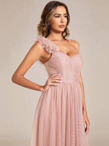 EVERPRETTY 春季单肩花卉贴花高开衩薄纱粉色伴娘礼服，优雅婚礼宾客礼服 - 粉色 - 查看 6