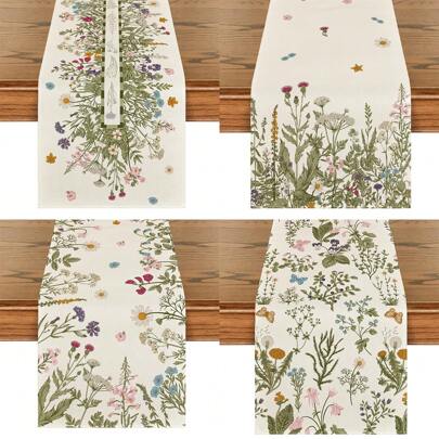 鼠尾草和野花印花餐桌旗，季节性夏季蝴蝶厨房餐桌装饰，适合家庭聚会、节日、派对、生日、婚礼和晚餐桌布、垫子