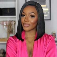 CUEKI 13x4x1 短款鲍勃直发蕾丝前假发人发纤维混合假发预拔侧分蕾丝前假发女士直发鲍勃假发人发混合发 180% 密度（鲍勃假发 6-14 英寸） - Natural Black - 查看 5