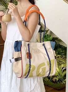 1 件女士休闲时尚撞色尼龙面料单肩托特包，大容量，配有抽绳和磁扣，适合旅行、约会、青少年、大学生和职业女性，非常适合办公室、学校、工作、商务、通勤、户外、旅行、艺术风格青少年书包、女士或学生书包，非常适合书籍、购物、返校等 - 彩色 - 查看 6