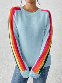 Women's Colorful Rainbow Striped Casual Crew Neck Long Sleeve Sweater, Autumn/Winter - Baby Blue - View 5