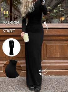 Women's Elegant Solid Color Ruched Fitted Dress - Black - View 1