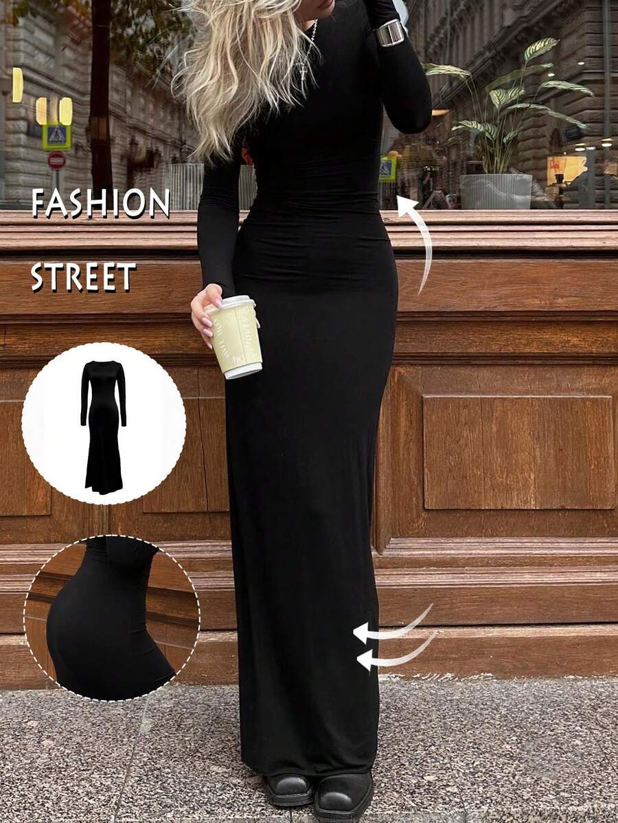 Women's Elegant Solid Color Ruched Fitted Dress - Black - View 1