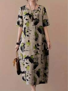 Summer Outfits For Women Elegant Casual Chic MIDI Skirt With Bright Abstract Print - Short Sleeve, Round Neck, Machine Washable, Perfect For Spring, Summer And Fall Events