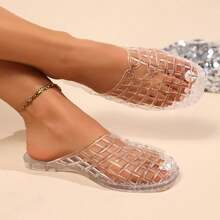 2025 Spring/Autumn New Perforated Mules For Women, Outdoor Beach Sandals, Non-Slip Super Soft Bottom Flat Jelly Hollow Crystal Shoes