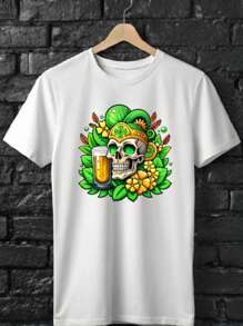 Floral Skeleton St Patrick's Day T-Shirt, Irish Lucky Shirt, Paddy's Day Gift Shirts, Irish Pride Shirts, Skull St Patrick's Day Short Sleeve. TD475 - 白色 - 查看 1
