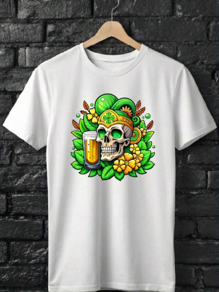 Floral Skeleton St Patrick's Day T-Shirt, Irish Lucky Shirt, Paddy's Day Gift Shirts, Irish Pride Shirts, Skull St Patrick's Day Short Sleeve. TD475 - 白色 - 查看 1