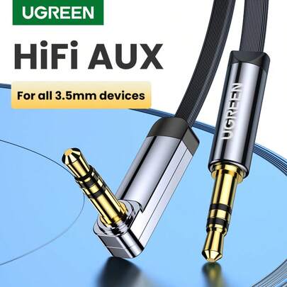 UGREEN 3.5毫米插孔輔助音頻傳輸線，90度彎頭，兼容Apple智能手機、平板電腦和揚聲器，24K金男對男