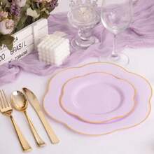 50PCS Purple Plastic Plates-Heavy Duty Lavender Purple Disposable Plates-Purple And Gold Plastic Plates - 25PCS Purple Dinner Plates,25PCS Purple Dessert Plates For Easter&Baby Shower Gifts - 淺粉色 - 查看 4