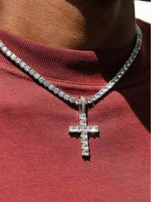 1pc Men's Double Layer Fully Rhinestone Cross Pendant Necklace, Fashionable Personalized Titanium Steel Tennis Chain - Cross Necklace - View 9