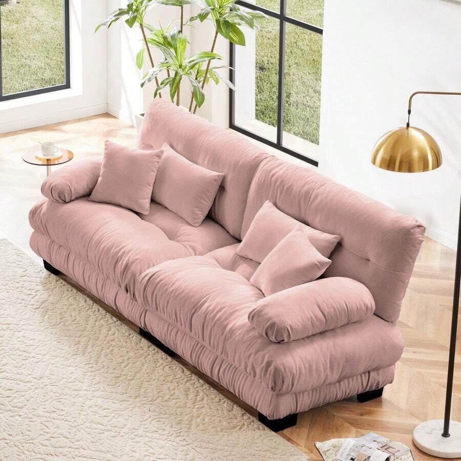 Cloud Couch 2 Seater Sofa For Living Room Chenille 2 - Seat Sofa With 2 Lumbar Pillows And 2 Throw Pillows Chenille Pink