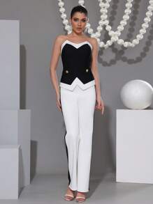 Modphy 2pcs Women 2 Pieces Set: Elegant Color Block Strapless High Waist Top & Straight Leg Pants, Bodycon Outfit - Black and White - View 4