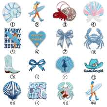 原创刺绣补丁徽章DIY服装烫金补丁缝纫配件布贴适合冲浪女孩如背包、牛仔裤、夹克、T恤、帽子、连衣裙等。刺绣布贴用于衣服装饰补丁、波浪蟹卡通刺绣标签、熨烫贝壳徽章、可爱风格刺绣烫金补丁、 - 藍色 - 查看 1