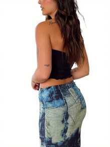 Women Fashion Tube Tops Solid Color Front Slit Boat Neck Strapless Tank Tops Summer Backless Irregular Bandeau Shirts - Black - View 5